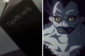the death note in the image on the left and Ryuk the shinigami on the image to the right