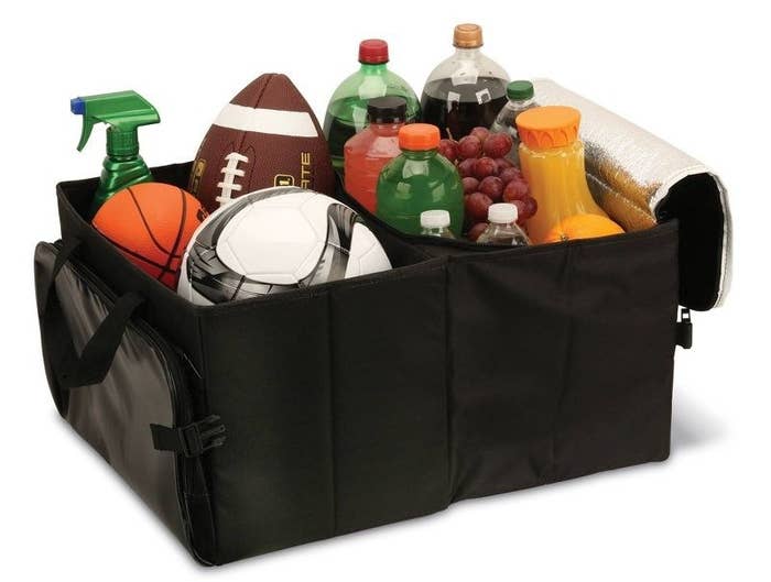 the organizer filled with food and sports equipment
