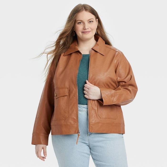 model wearing the jacket in tan