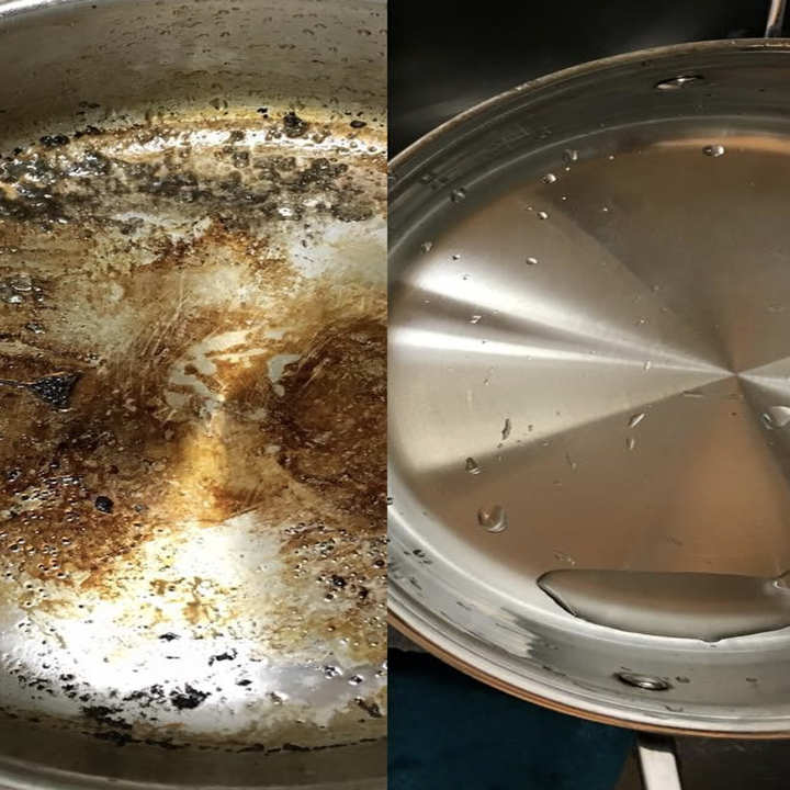 a before and after of a stainless steel pot with lots of grime and buildup, and then sparkling clean