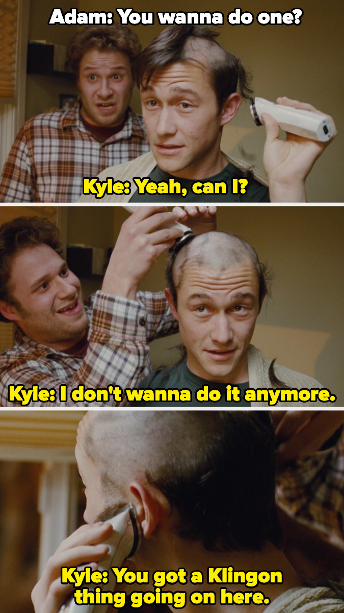 Kyle, freaked out, watches and makes jokes as Adam shaves his head