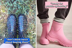 to the left: a reviewer in black boots with rainbow polka dots, to the right: pink rain booties