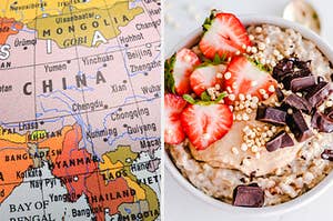 a map of china on the left and oatmeal on the right