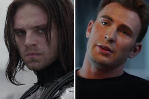 A close up of Bucky Barnes as he scowls and Steve Rogers as he tilts his head to the side