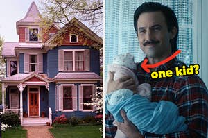 On the left, a Victorian-style house with blooming trees out front, and on the right, Milo Ventimiglia holding a baby as Jack on This Is Us with an arrow pointing to the baby and one kid? typed next to it