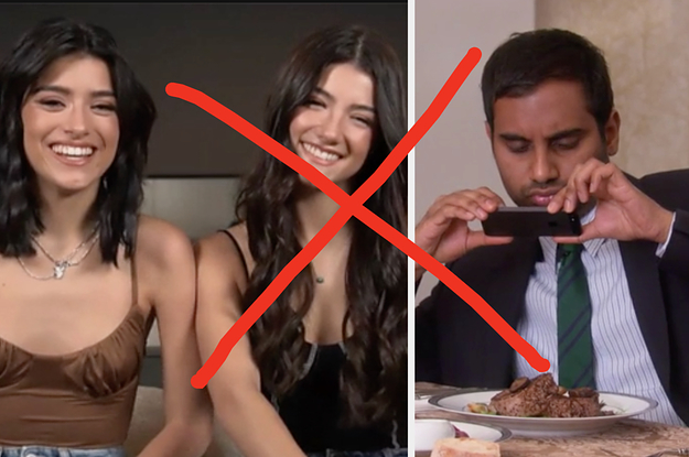 a large X over the D'amelio sisters and aziz ansari taking photos of his food