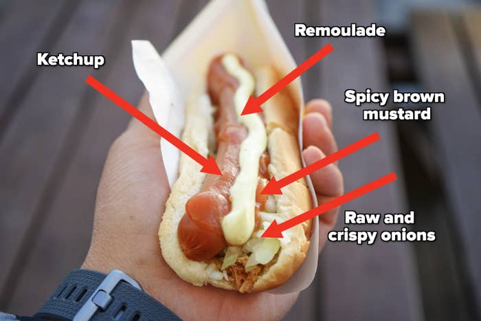 An Icelandic hot dog with toppings