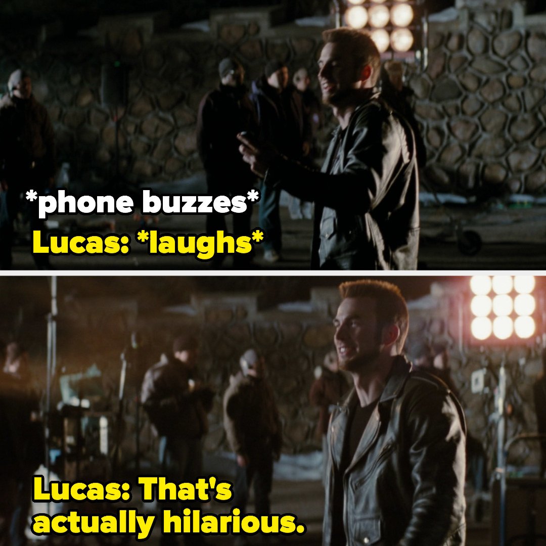 Lucas reacts to a text by laughing and saying it&#x27;s actually hilarious