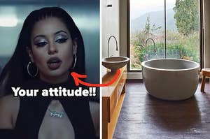 Maddy Perez wears a high neck low cut dress and a sunken bath tub sits next to a sink
