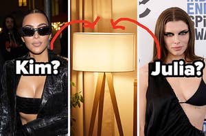 Kim Kardashian wears dark sunglasses, a standing lamp is lit up, and Julia Fox wears a bikini top under a dress