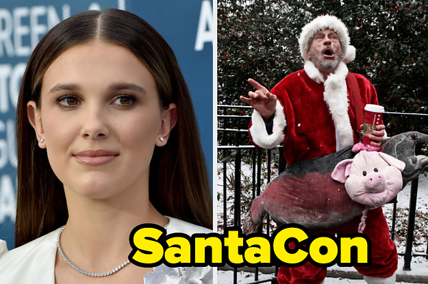 millie bobbie brown looking at a drunk santa