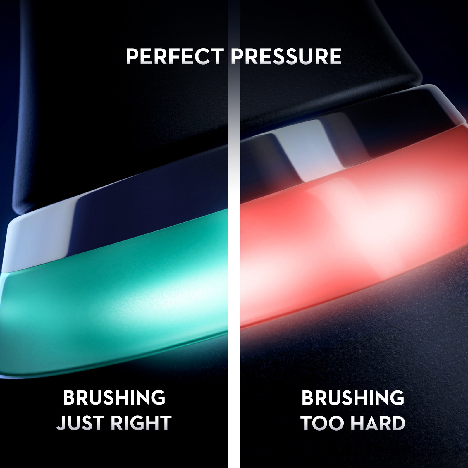 Split image showcasing the the way the iO Ultimate Clean&#x27;s pressure sensor turns red if one is brushing too hard