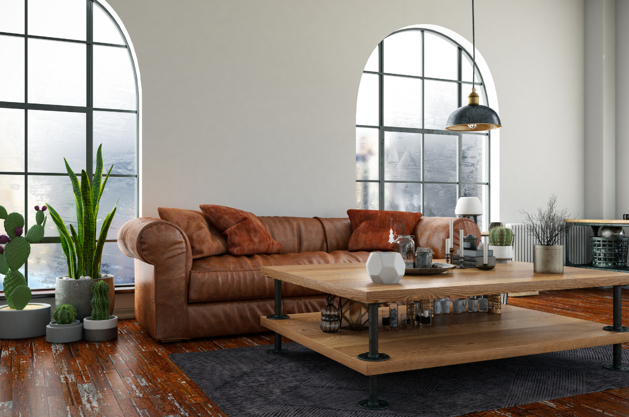 a penthouse with huge arching windows 