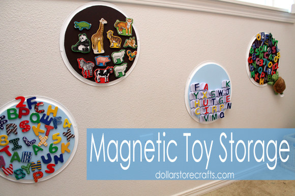 Blogger&#x27;s photo of the pizza pans doubling as magnetic toy storage on their wall