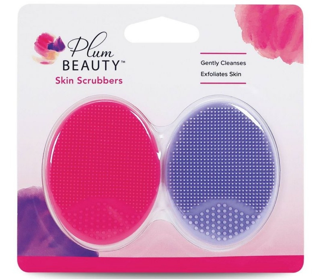A pack of one pink and one purple skin scrubbers for the shower