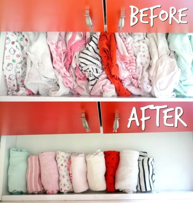 Blogger&#x27;s before photo of baby clothes in the drawers and after photos of the clothes neatly rolled up