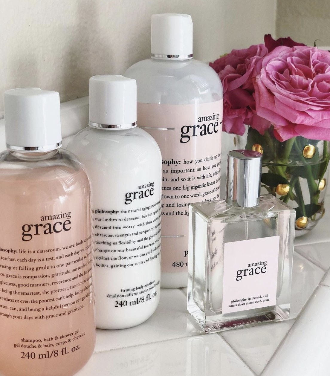 The amazing grace collection including the firming body lotion, shower gel and more