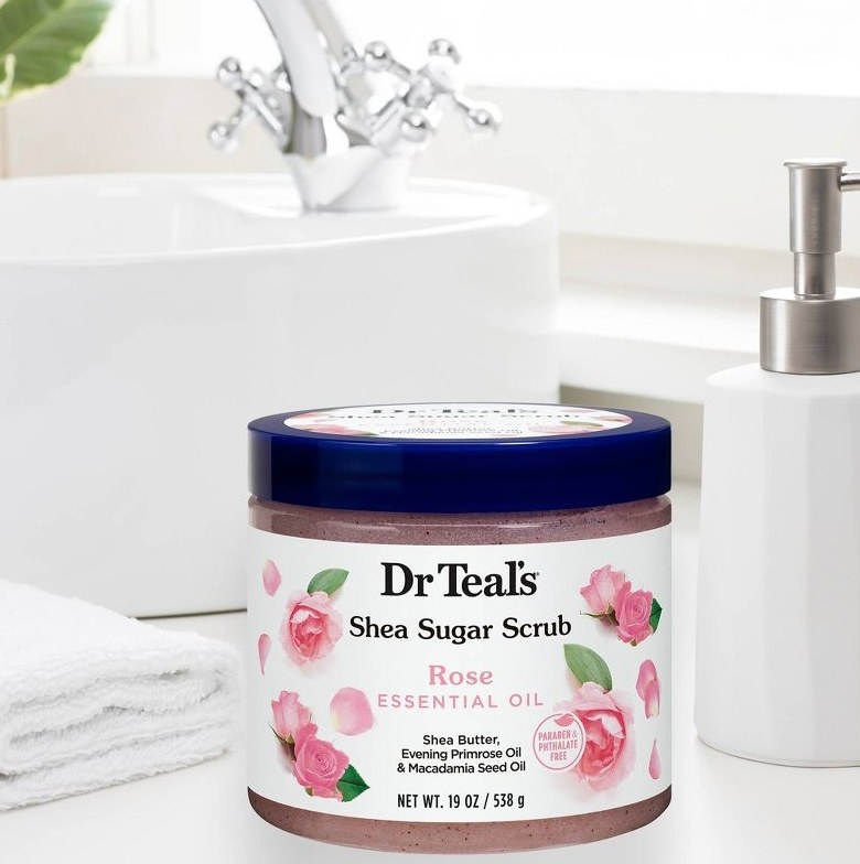 A bottle of Dr Teal&#x27;s shea sugar body scrub with rose essential oil