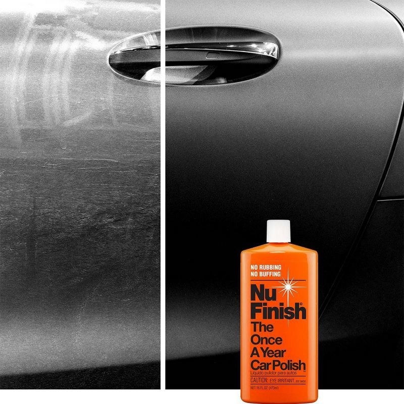 a before and after of a black car, with the orange bottle of car polish next to the shiny, buffed side