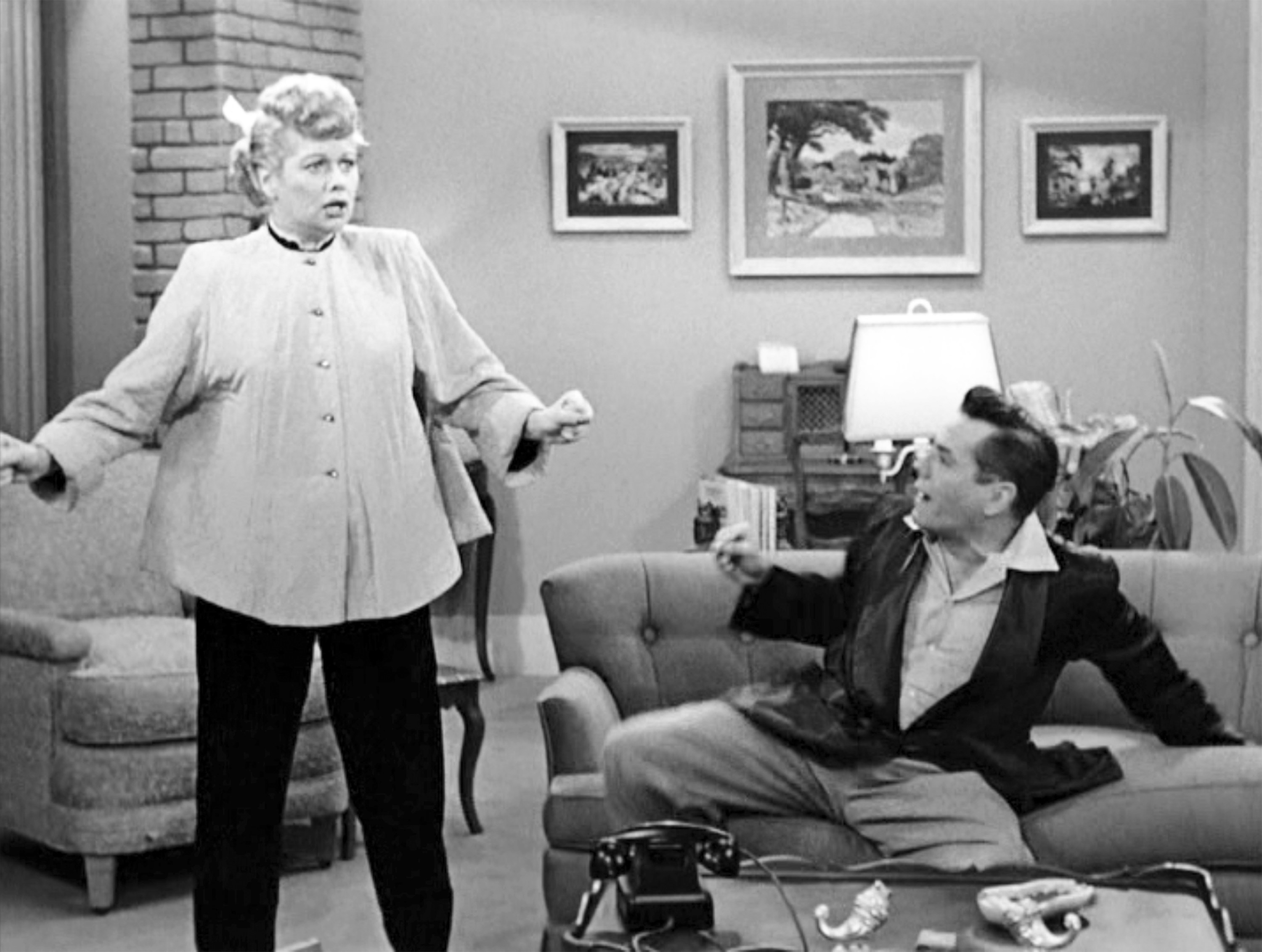 Lucille Ball (as a pregnant Lucy Ricardo) and Desi Arnaz (as Ricky Ricardo) in the &quot;I Love Lucy&quot; episode &#x27;The Black Eye,&#x27; originally broadcast March 9, 1953