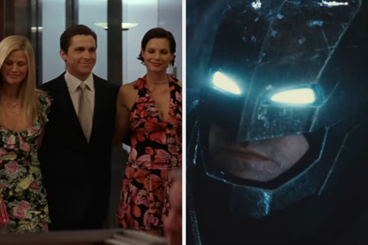 On the left is Christian Bales Bruce Wayne with two ladies on his arm and on his right is Ben Affleck as Batman in his armored  batsuit