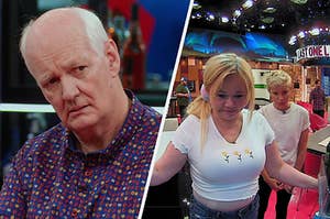 A split photo - on one side Colin Mochrie looking confused and on the other Caroline Rhea and Mae Martin looking inside a fridge