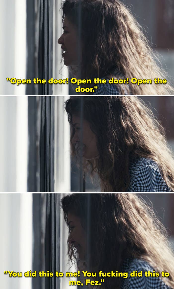 Zenday as Rue on Euphoria yelling &quot;Open the door&quot;