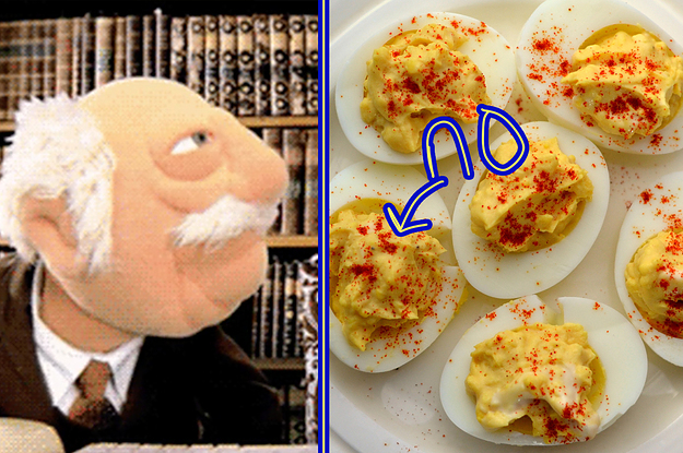 Waldorf from the Muppets next to a picture of deviled eggs with an arrow pointing to them and saying no