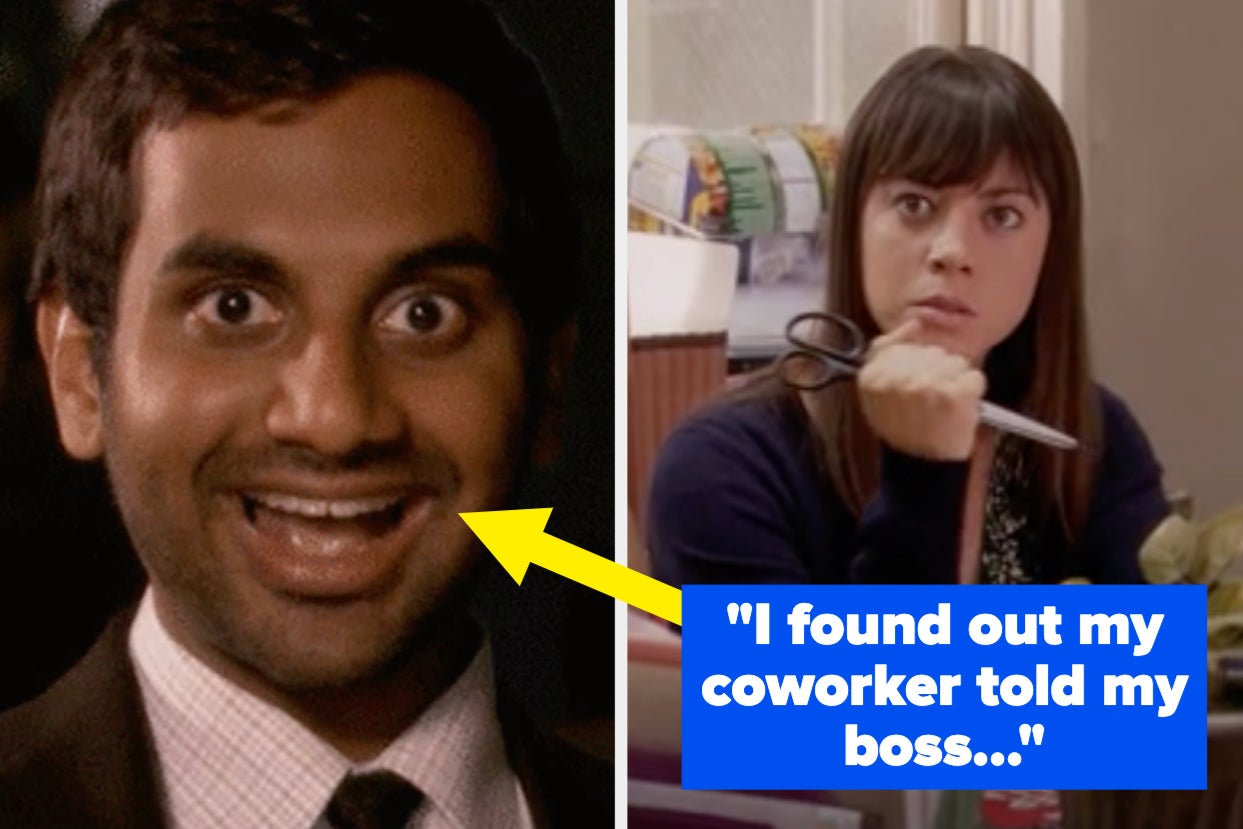 Tom looking happy vs April holding a pair of scissors and looking angry