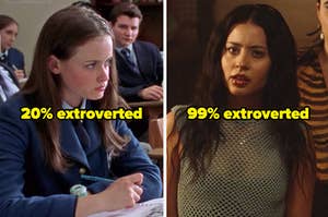 On the left, Rory from Gilmore Girls labeled 20 percent extrovert, and on the right, Maddy from Euphoria labeled 99 percent extrovert