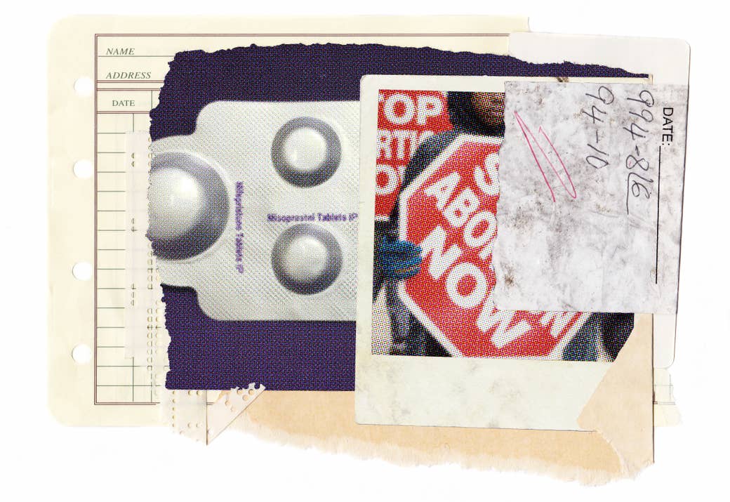 An image collage of an anti-abortion activist, medication abortion pills, and a prescription