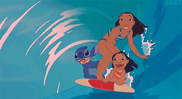 Nani surfing with &quot;Lilo and Stitch&quot; on the board with her