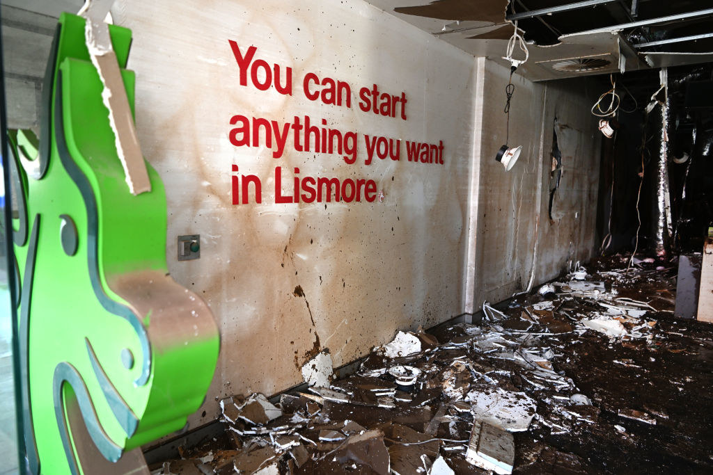 The flood-damaged interior of a St George Bank branch in central Lismore, Australia