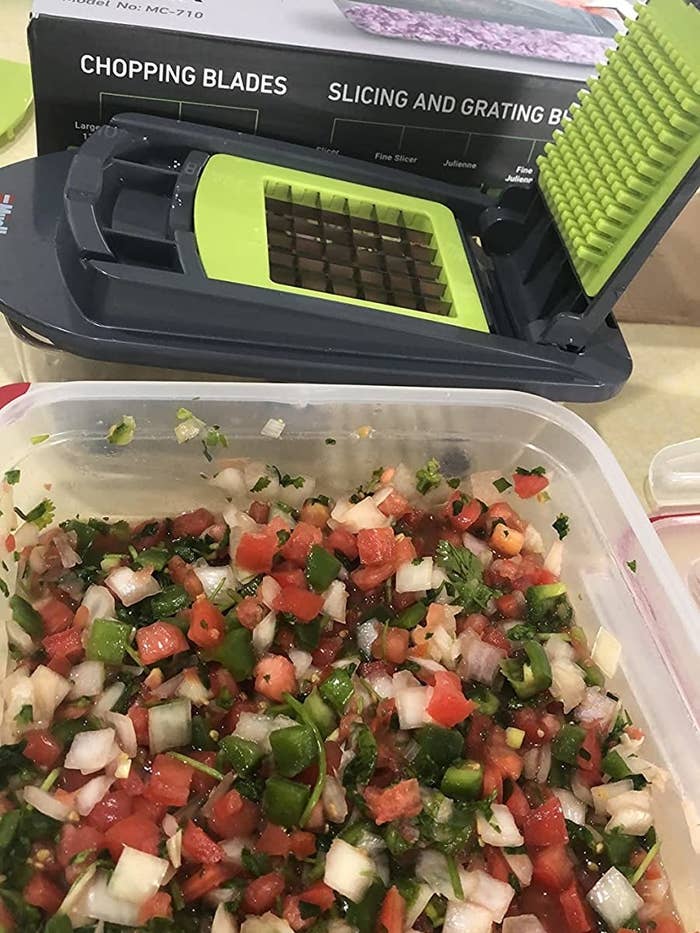 The reviewer shows off a homemade salsa made with the chopper