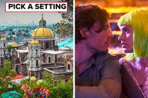 Left: A view of Mexico City with text on top saying 'Pick a setting'; Right: Henry and Maria looking at each other in Book Of Love