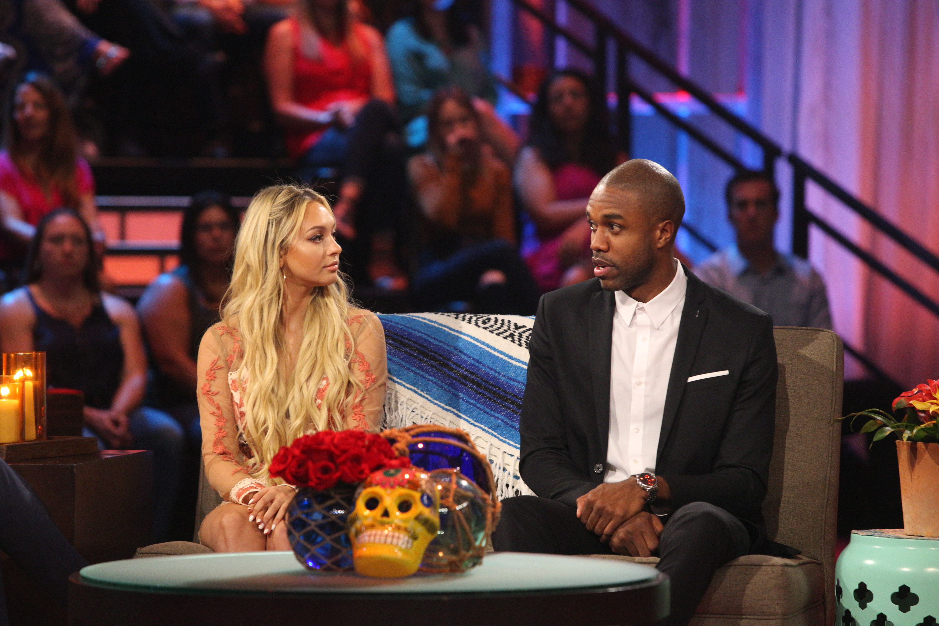 Corinne Olympios and DeMario Jackson talking at the &quot;Bachelor In Paradise&quot; reunion