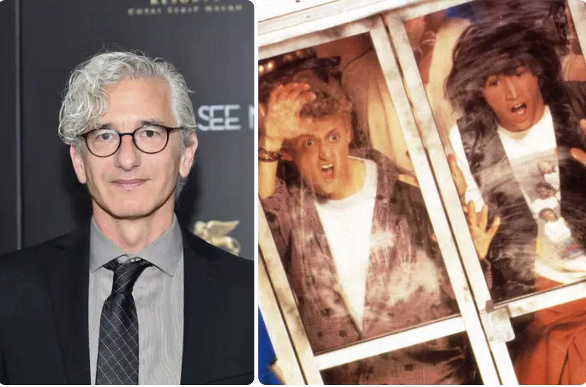 Solomon next to a still from a Bill &amp;amp; Ted movie