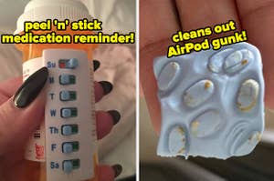 the stick-on medication tracker with text "peel 'n' stick medication reminder!", the AirPod cleaning putty with text "cleans out AirPod gunk!"