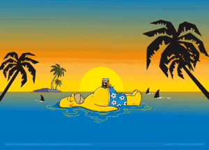 Homer Simpson floating in tropical water with drink on his belly
