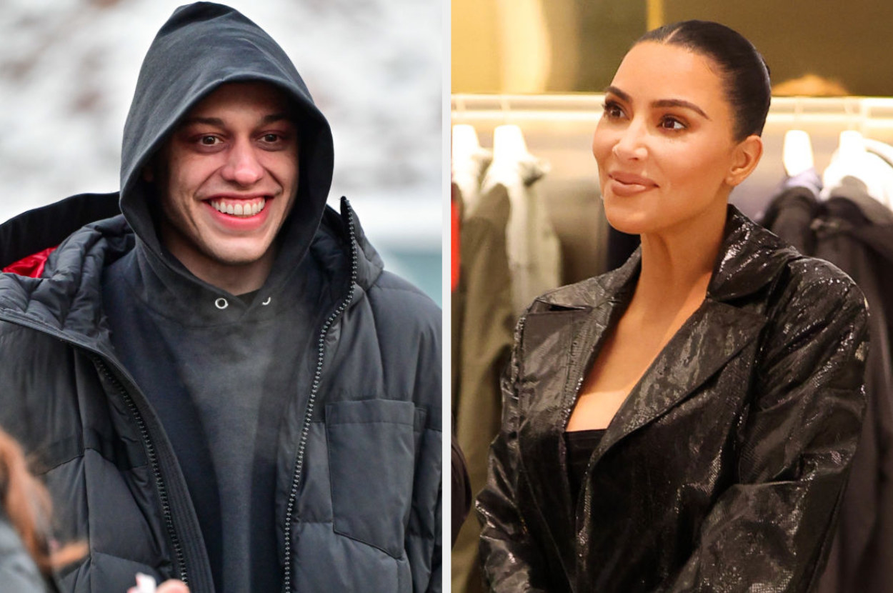 wearing a hoodie on his movie set, Pete smiles wide, and wearing a long coat with her hair in a slick bun, Kim smiles politely at Milan fashion week