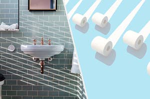 On the left is a bathroom sink with a subway tile backsplash and on the right is toilet paper rolls rolling down an incline