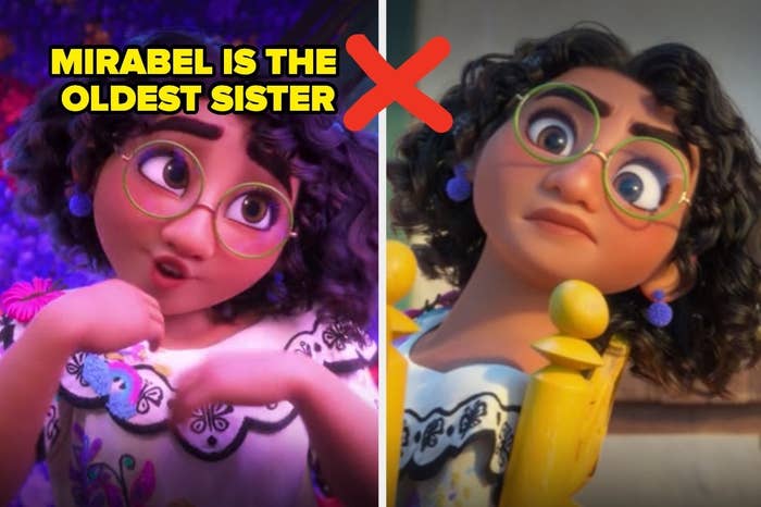 Two images of Mirabel with the text &quot;Mirabel is the oldest sister&quot; and an &quot;X&quot;