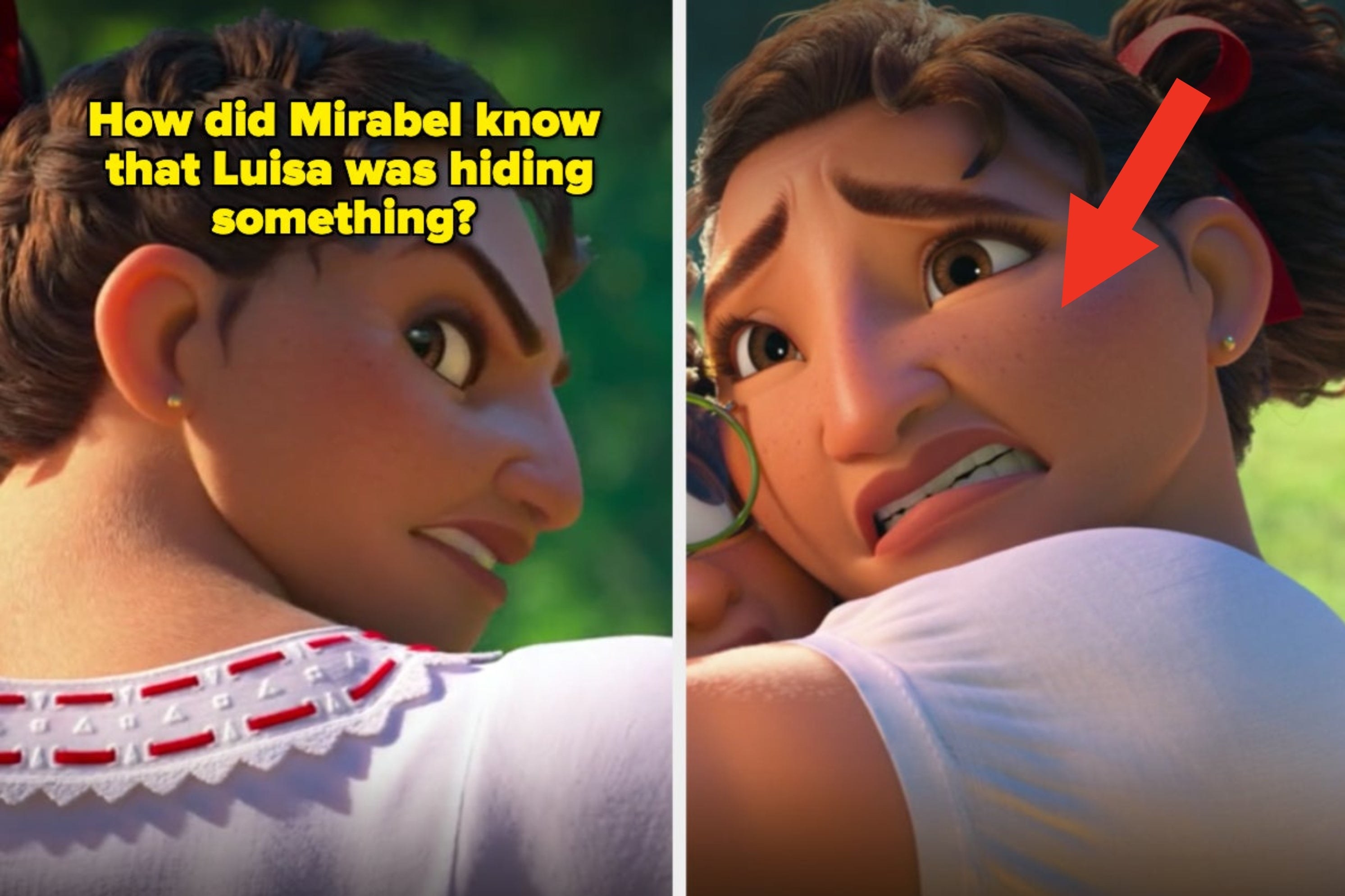 Two images of Luisa with the question, &quot;How did Mirabel know that Luisa was hiding something?&quot;