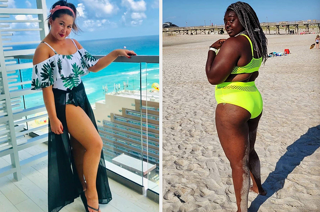 reviewer wearing flouncy green and white swimsuit / reviewer wearing highlighter yellow fishnet panel swimsuit