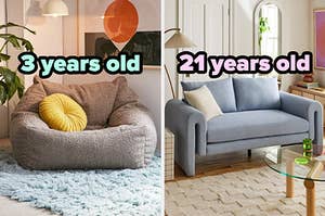On the left, a cozy chair in a corner of the room on top of a fluffy rug labeled 3 years old, and on the right, a modern couch behind a glass coffee table labeled 21 years old