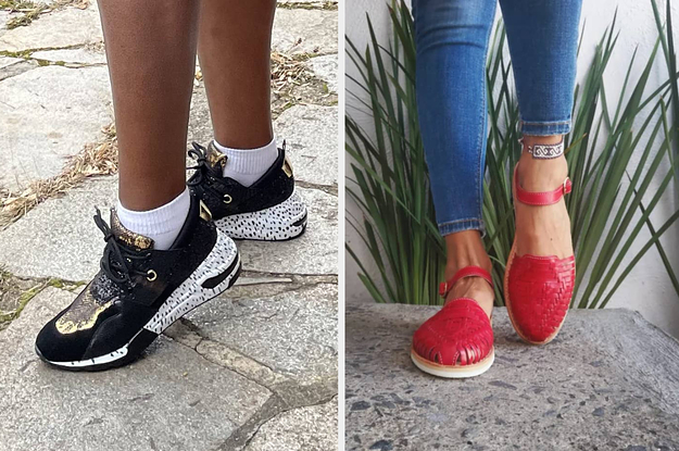 on left, reviewer in snakeskin-printed sneakers. on right, model wears bright red Huarache sandals and jeans 