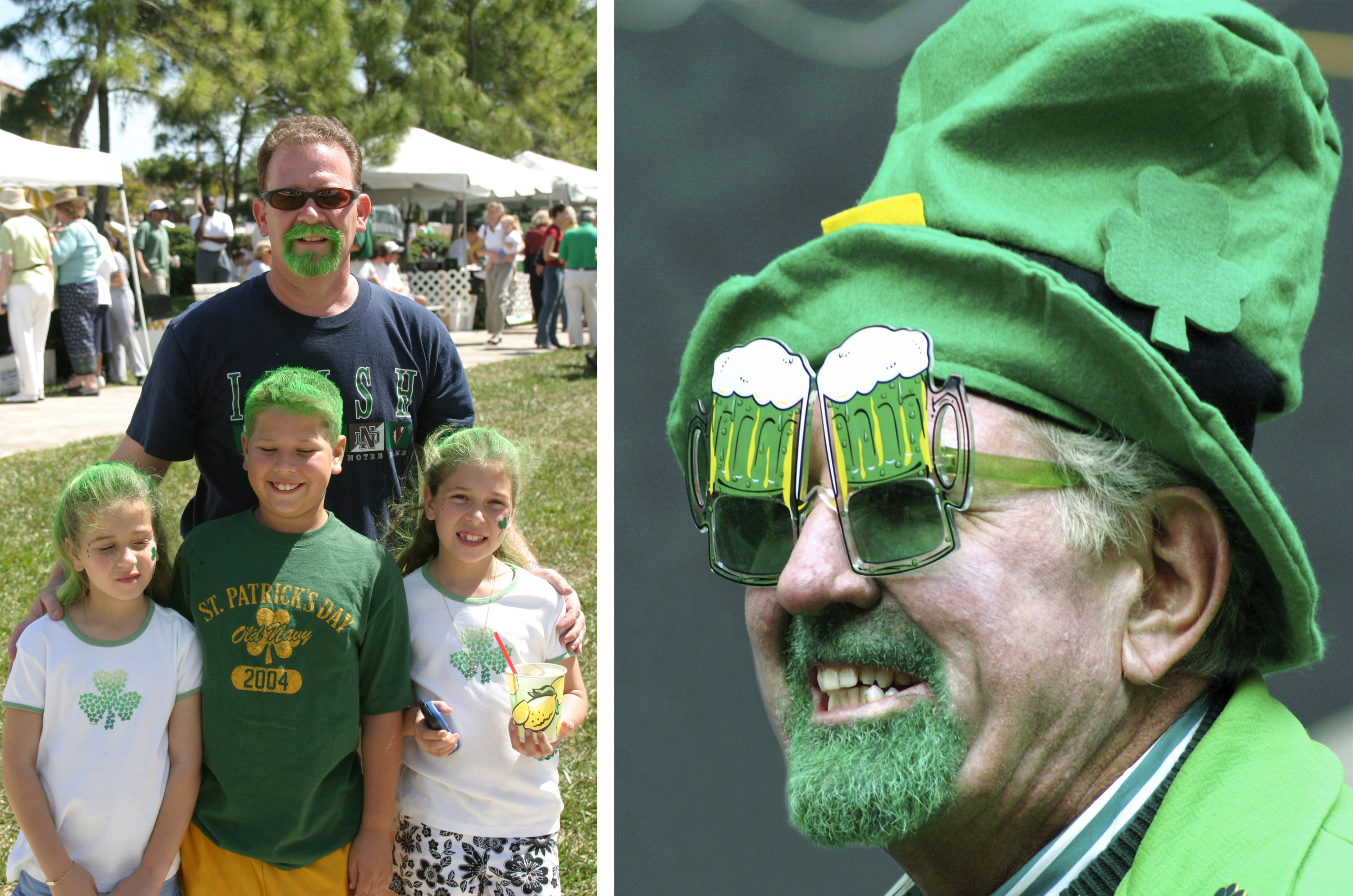 Left, a father and three kids in t shirts, all with green hair. right, a man with a green beard and goggles 