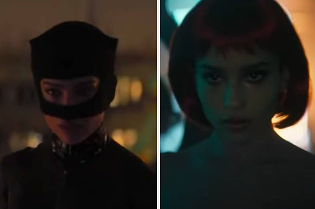 Catwoman on the rooftop of the Gotham Police Station in "The Batman"/Selina wearing a red wig in "The Batman"