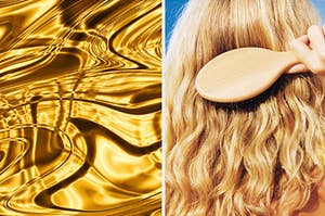 A gold aesthetic picture is on the left with a woman brushing her blonde hair on the right