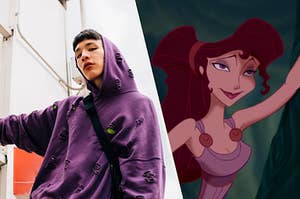 A man wears a hooded sweatshirt with rips in it and Meg from "Hercules" wears a thin strap dress